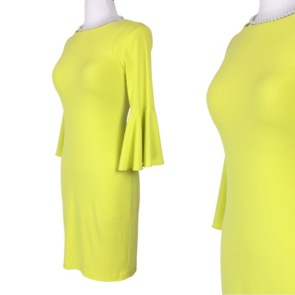 Calvin Klein Yellow Sheath Peplum Bell 3/4 Sleeve Midi Dress size 2 - Picture 2 of 11